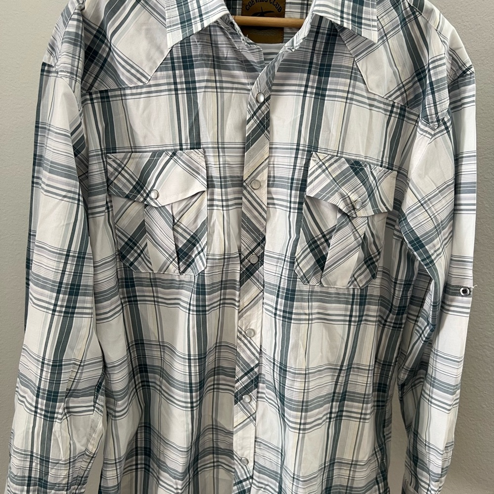 Blue and White Plaid Casual Shirt with Western Yoke